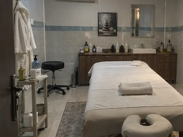 Lavabolu, raflı odada hazır masaj masası — Tünel, Masaj Salonun