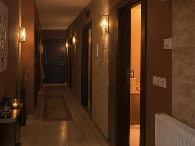 Aplik ışıklı, halılı ve sıcak tonlu koridor — Tünel, Masaj Salonun